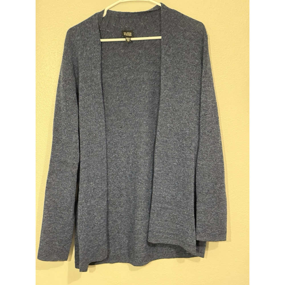 Eileen Fisher Merino Wool Cardigan Large Open Sweater Long Sleeve Blue Workwear